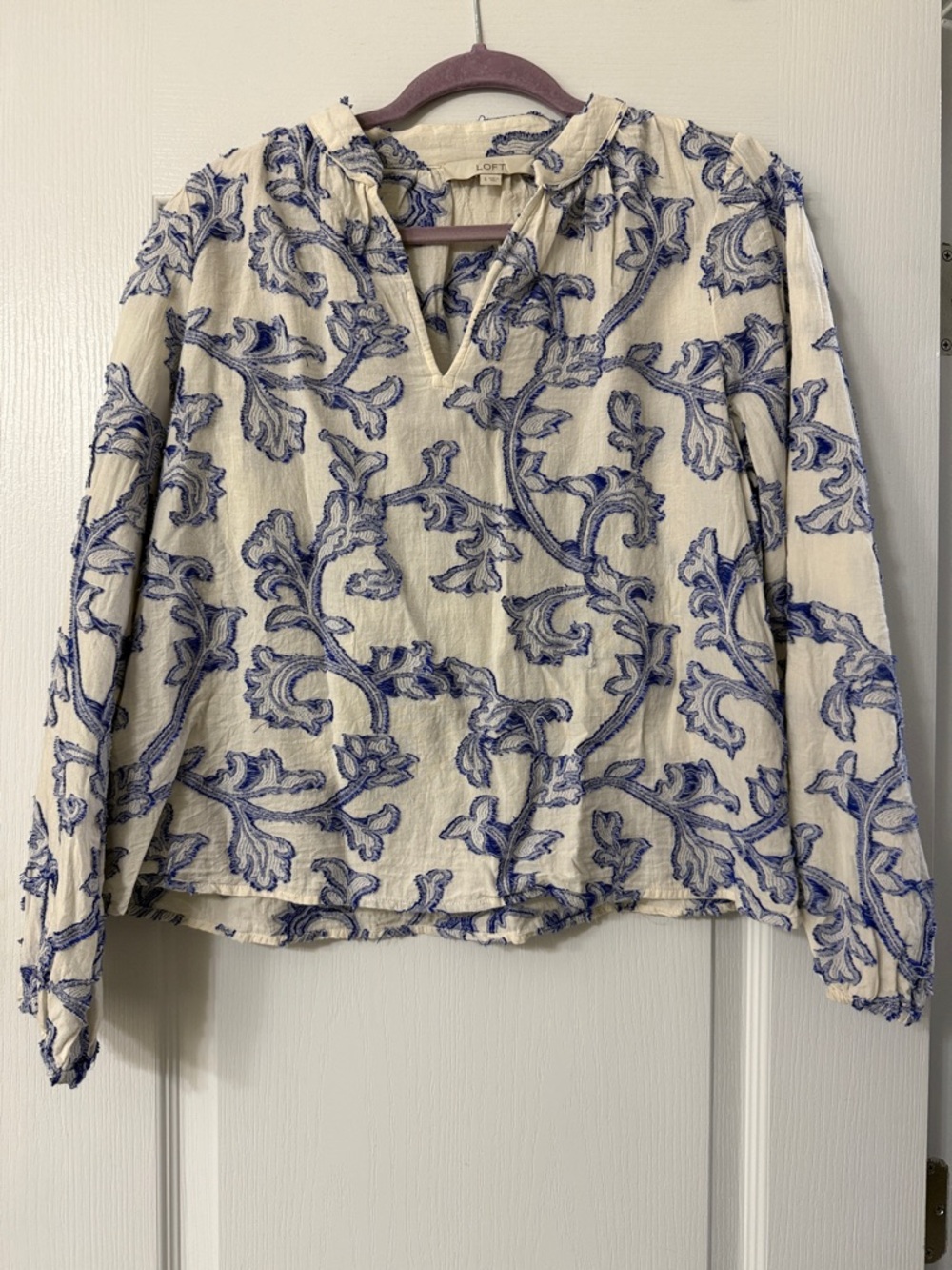 LOFT Cream Embroidered V-Neck Blouse with Blue Scroll Motif
